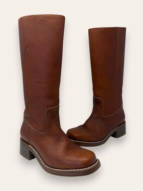 FRYE Campus 14L Leather Stacked Heel Riding Boots Saddle Brown 7.5 Women’s